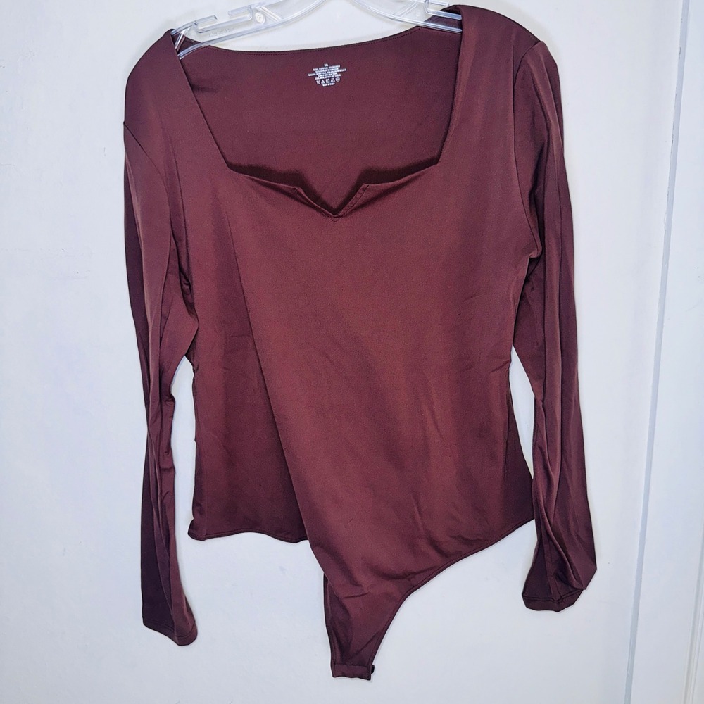 Brown Square Neck Notch Long Sleeve Bodysuit XXL Snap Closure